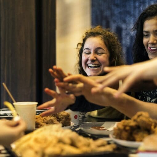 Happy Teenagers Together Eating Fast Food Junk Food Obesity And Unhealthy Meal Concept